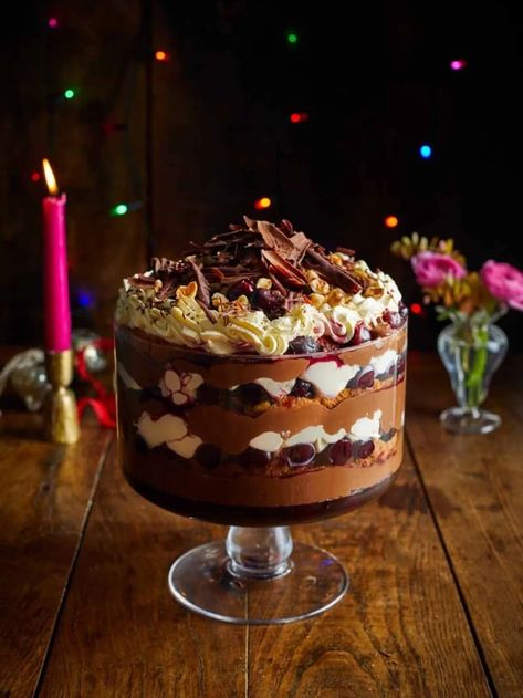 Black Forest trifle | Jamie Oliver Christmas recipes Jamie Oliver Trifle Recipe, Jamie Oliver Black Forest Trifle, Black Forest Truffle, Black Forest Trifle Christmas, Xmas Trifle Recipes, Black Forrest Trifle, Jamie Oliver Tiramisu, Christmas Pudding Ideas, Christmas Trifle Desserts