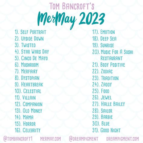 MerMay 2023 Prompt List 2023 Drawing Prompts, Mermay Prompt 2023, Sketchtember 2023, Mermay Prompt, Mermay 2023, Mermay Art, Draw A Mermaid, Tom Bancroft, Draw Challenge