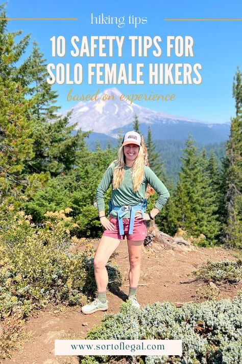 Photo of solo female hiker with mountain in background and title 10 Safety Tips for Solo Female Hikers Female Hiker, Solo Hiking, Hiking Adventures, Bear Spray, Camping Guide, Thru Hiking, Hiking Destinations, Travel Plan, Colorado Travel