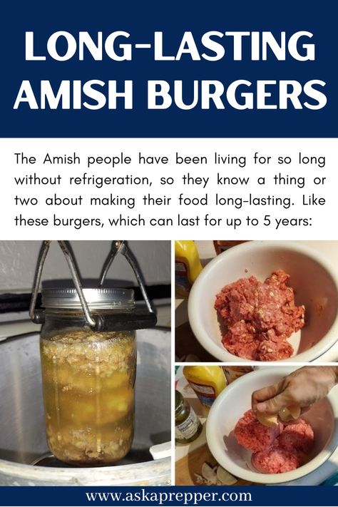 The Amish people have been living for so long without refrigeration, so they know a thing or two about making their food long-lasting. Like these burgers, which can last for up to 5 years. Oven Canning Recipes, Pressure Canned Meals, Amish Canning Recipes, Canned Meals In A Jar, Diy Food Pantry, Carnivore Dinner, Amish Canning, Canned Meals, Dinner Menu Planning