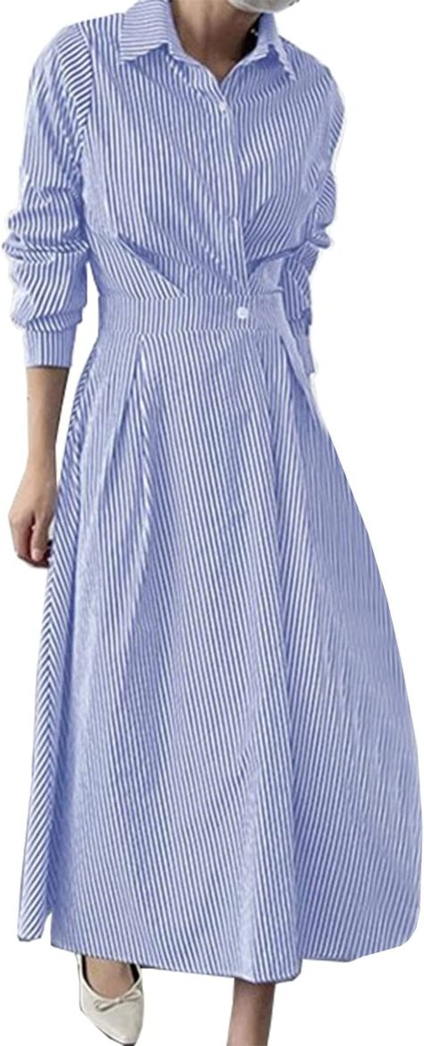 Ladyful Striped Shirt Dress for Womens Casual Long Sleeve Elegant Maxi Dress Black at Amazon Women’s Clothing store Elegant Blue A-line Shirt Dress, Elegant Luxury Striped Shirt Dress, Casual Blue A-line Shirt Dress, Chic Blue A-line Shirt Dress, Dresses For Women Classy, Elegant Shirt Dress, Comfortable Maxi Dresses, Chic Striped Long-sleeve Shirt Dress, Striped Shirt Women