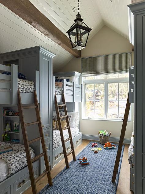 Bed Under Sloped Ceiling, Oak Bunk Beds, Grey Bunk Beds, Andrew Howard, Boy's Rooms, Bunk Beds Built In, Built In Bunks, Bunk Rooms, Kids Loft Beds