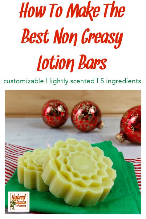 Are you wondering how to make the best non greasy lotion bars? I’ve got you covered! You want soft, hydrated skin without the grease. That’s why I carefully selected these five ingredients. These hydrating lotion bars are quick to make and last a long time! They smell amazing too and you can customize them! Grab this easy DIY lotion bar recipe today. #lotionbars #lotionbarrecipe #dryskin #diylotionbars #skincare From HybridRastaMama.com No Beeswax Lotion Bars, Making Lotion Bars, How To Make Lotion Bars Diy, Best Lotion Bars Recipe, Homemade Lotion Bars Recipes, Easy Lotion Bars Diy, Honey Lotion Bars, How To Make Solid Lotion Bars, Lotion Bars Without Beeswax Diy