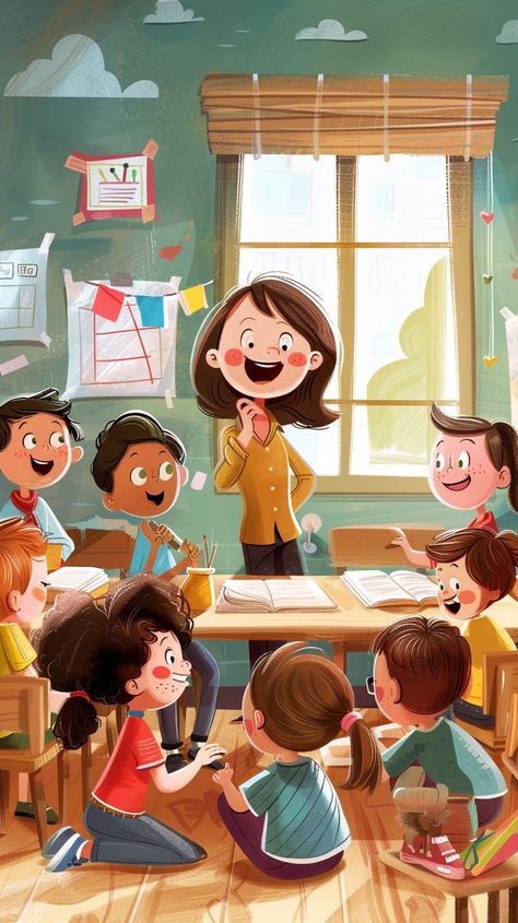 Scena di Scuola in Classe di Bambini di Prima Elementare Elementary School Illustration, Classroom Illustration Art, Classroom Illustration School, Teacher Illustration Character, School Students Images, Classroom Illustration, Class Illustration, Classroom Scene, Teacher Illustration