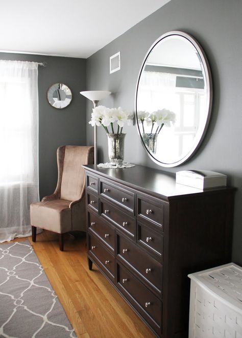 Bedrooms Chairs, Bedroom Makeover Before And After, Brown Furniture Bedroom, Dark Wood Furniture, Light Wood Floors, Dark Furniture, Brown Bedroom, Mirror On The Wall, Grey Bedroom