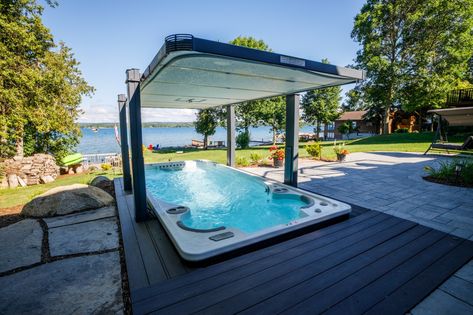 Swim Spa Pergola, Bullfrog Swim Spa, Inground Swim Spa, Swim Spa Backyard Ideas, Swim Spa Landscaping, Outdoor Swim Spa, Peaceful House, Pools And Hot Tubs, Spa Landscaping