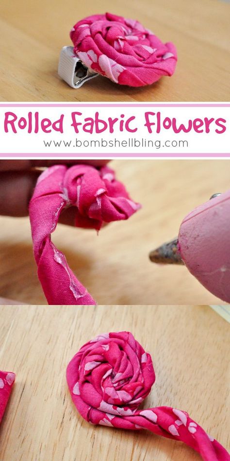 Rolled Fabric Flowers from Bombshell Bling Rolled Fabric Flowers, Sewing Project Ideas, Fabric Rosette, Making Fabric Flowers, Material Flowers, Fabric Flower Brooch, Fabric Flower Tutorial, Fabric Brooch, Handmade Flowers Fabric