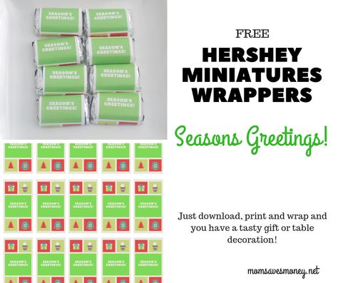 Hershey Miniatures with Seasons Greetings printable candy wrappers make for a fun (and tasty!) gift or a fun table decoration this Christmas season! Free printable template to add a custom touch to your holiday and make a great teacher gift or school party treat. Just download, print and wrap chocolate candies for an easy party favor, gift or holiday decoration. #printable #holidays Mini Hershey Bar Wrappers Template, Free Candy Wrapper, Fun Table Decorations, Christmas Wrapper, Senior Crafts, Easy Party Favor, Hershey Bar Wrappers, Christmas Treats Boxes, Budget Advice