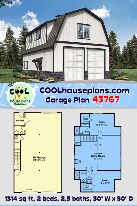 Barn Style Garage Apartment 43767 is packed with practical features. Firstly, those who build an RV garage are investing in their favorite hobby: travel. As a result, you need the best place to store that motorhome when you're not on the road. This plan offers drive-through parking for your RV, so it's easy to get in and out with no hassle. Just drive forward and get on your way! Inside the RV garage, it measures 24'10 wide by 49' deep. Three Car Garage With Apartment, Steel Building Garage With Apartment, 2 Story Garage Plans, Small Garage Apartment, Barn Apartment Plans, Pole Barn Shop, Floorplan Ideas, Barn Style Garage, Garage Apartment Floor Plans