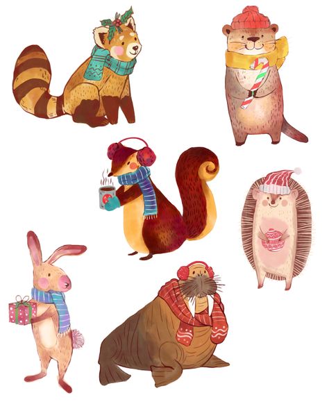 Stuffed Animal Drawing, Christmas Illustration Design, Animal Dress Up, Drawing Christmas, Animals Watercolor, Gift Png, Png Stickers, Christmas Illustrations, Isometric Illustration