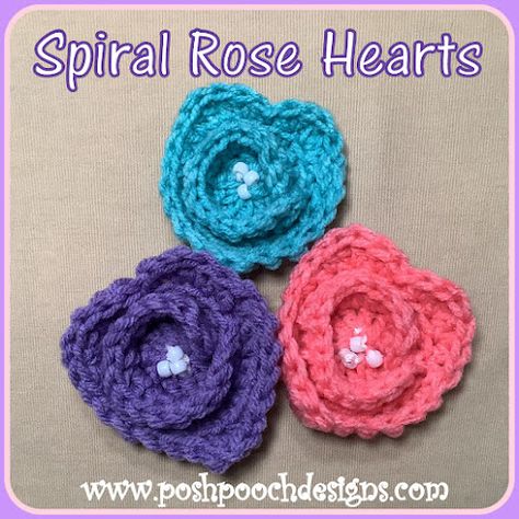 Posh Pooch Designs Dog Clothes: Spiral Rose Heart Crochet Pattern | Posh Pooch Designs Free Heart Crochet Pattern, Heart Crochet Pattern, Crochet Spiral, Crochet Hearts, Heart Crochet, Friday Fun, Crochet Heart Pattern, Rose Heart, Hearts Pattern