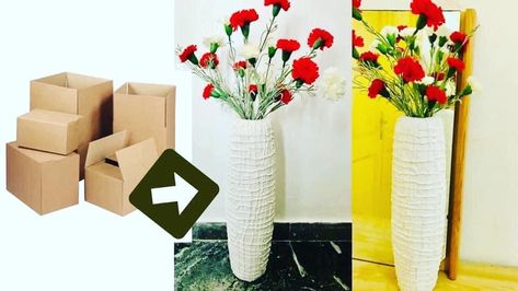 Cardboard making big flower vase making at home very easy Diy Floor Vase, Diy Tall Vase, Big Flower Vase, Big Floor Vases, Cardboard Vase, Floor Standing Vase, Vase Making, Flower Vase Making, Last Minute Birthday Gifts