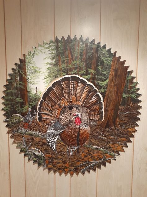 Artist friend painted this turkey scene on a 36" diameter antique saw blade Hand Painted Saw Blades, Hunting Painting Ideas, Painting On Saw Blades, Old Saw Blades Ideas Paintings, Painted Saw Blades Ideas, Handpainted Saws, Painted Saw Blades, Saw Painting, Saw Blade Art