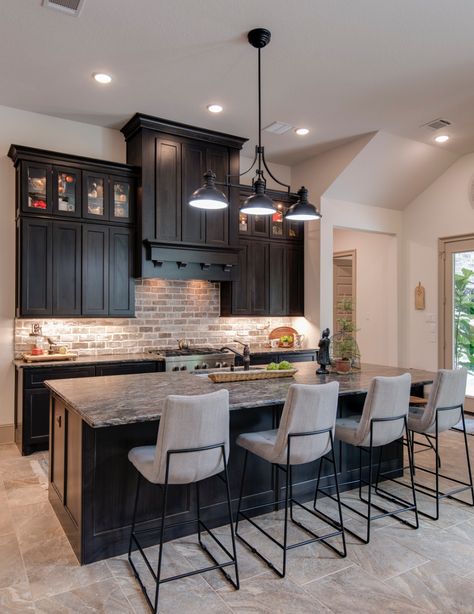 Brick Backsplash With Black Cabinets, Brick Backsplash Kitchen Black Cabinets, Light Brick Backsplash, Brick Backsplash Kitchen Dark Cabinets, Black Brick Backsplash, Brick Backsplash Ideas, Brick Kitchen Ideas, Dark Brown Kitchen Cabinets, Wood Kitchen Counters