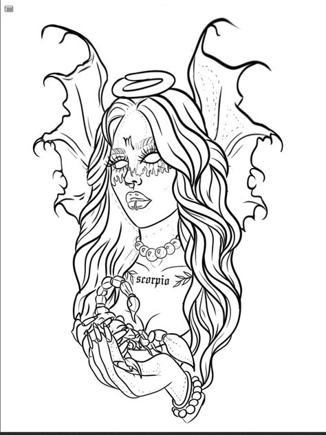 Succubus Tattoo Stencil, Lilith Drawing Sketch, Gothic Tattoo Stencils, Scorpio Coloring Pages, Dark Coloring Pages, Grunge Coloring Pages, Dope Coloring Pages, Goth Coloring Pages, Creepy Coloring Pages