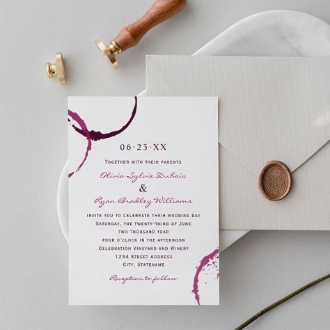 Rustic Burgundy Wine Stain Wedding Invitation #zazzle #weddinginvitations #birthdayinvitations #babyshowerinvitations #zazzleinvitations #monogram #businesscards #graduation #homedecor Wine Wedding Invitations, Red Wine Stain, Bridal Shower Wine Theme, Wine Theme Wedding, Christian Wedding Invitations, Wine Stain, Red Wine Stains, Chic Wedding Invitations, Free Birthday Card