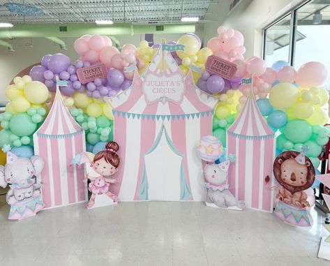 Circus First Birthday Girl, Circus Baby Shower Theme Girl, Circus Theme Party Pastel, Pink Carnival Birthday Party Decorations, Pastel Carnival Theme Party, Pastel Carnival Backdrop, Welcome To Our Circus Birthday Pink, Pink Carnival, Carousel Birthday Parties