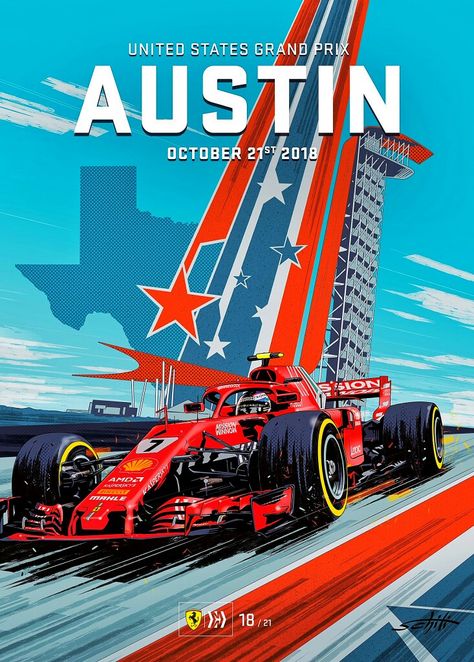 2018 USGP - Scuderia Ferrari poster for the United States Grand Prix at the Circuit of the Americas in Austin, Texas features Kimi Räikkönen powering his Ferrari SF71H past the tower on the Texas circuit. Artwork by Valerio Schiti - #F1 #Formula1 #USGP #ScuderiaFerrari #SF71H #KimiRäikkönen #Kimi7 #ForzaFerrari #CircuitOfTheAmericas #Austin #Poster #Affiche Vintage Racing Poster, Grand Prix Posters, Race Car Driving, Red Race, United States Grand Prix, Ferrari Poster, Motorsport Art, Auto Vintage, Circuit Of The Americas