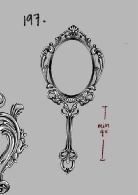 Vintage Mirrors Tattoo, Baroque Mirror Tattoo, Vintage Hand Mirror Drawing, Antique Mirror Drawing, Tiny Mirror Tattoo, Vintage Jewelry Tattoo, Hand Held Mirror Drawing, Victorian Mirror Drawing, Vintage Hand Held Mirror Tattoo