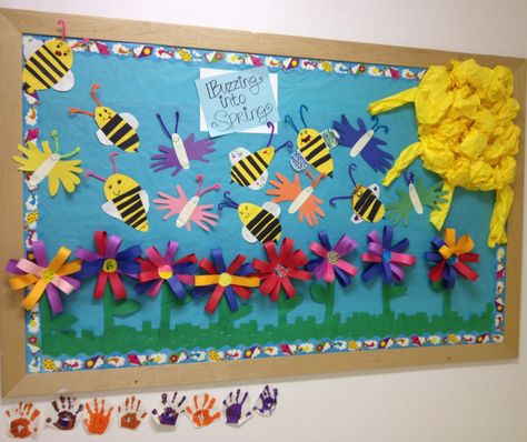 "Buzzing into Spring" bulletin board!!! Made this with kindergarten, first and second graders at Hopi mission elementary school #SpringBulletinBoard #elementary #BuzzingIntoSpring Buzzing Into Spring Bulletin Board, Bulletin Board Ideas First Grade, Christian Bulletin Board Ideas, Spring Bulletin Board Ideas, Daycare Bulletin Boards, Religious Bulletin Boards, Spring Classroom Decorations, April Bulletin Boards, Easter Bulletin Boards