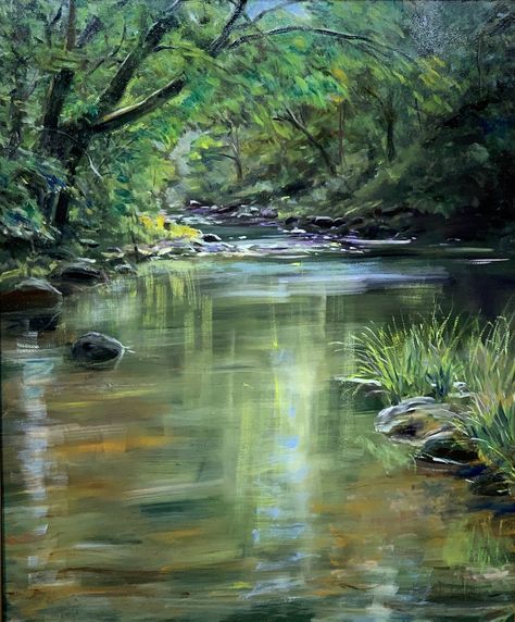 Fly Fishing Art, Pond Painting, Rocky River, River Painting, Woodland Art, Rocky Shore, River Art, Landscape Art Painting, Impasto Painting