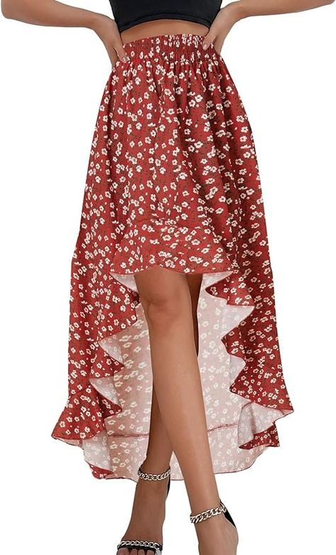 Amazon.com: OPOIPIN Red Floral Print Elastic Waist High Low Ruffle Hem Casual Long Maxi Skirt Red Floral Large : Clothing, Shoes & Jewelry Low Waist Long Skirt, Flowy Long Skirt, Long Flowy Skirt, Long Maxi Skirt, Red Floral Print, Skirt Patterns Sewing, Sewing Skirts, Long Maxi Skirts, Red Outfit