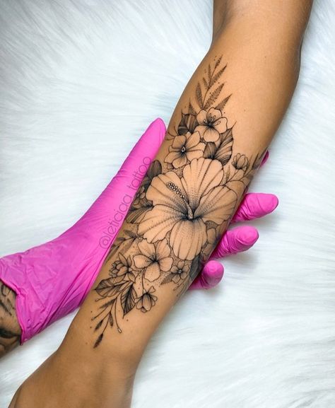 Hibiscus Flower Half Sleeve Tattoo, Hawaiian Flower Mandala Tattoo, Tropical Floral Tattoo Sleeve, Hawaiian Orchid Tattoos, Peony And Hibiscus Tattoo, Hawaiian Memorial Tattoo, Tropical Hand Tattoo, Hibiscus Forearm Tattoo, Hawaii Flower Tattoo Plumeria