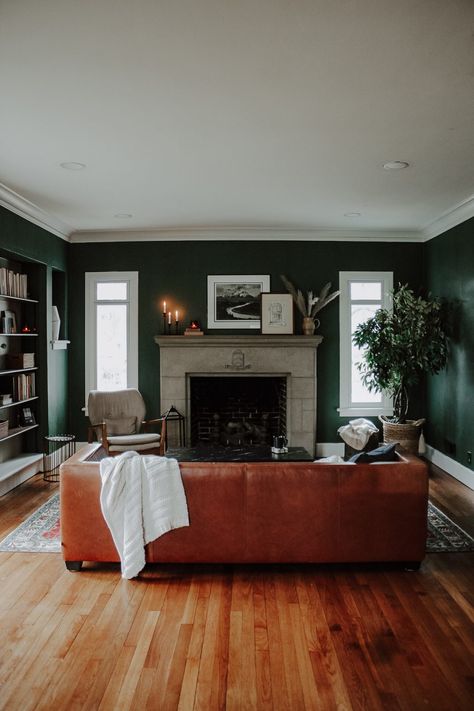 Living Room Reveal with Revival Rugs - Hardwood Refinishing, Original Hardwood Floors, Revival Rugs, Living Room Hardwood Floors, Living Room Reveal, Refinishing Hardwood Floors, Shag Carpet, Solid Wood Flooring, Leather Couch