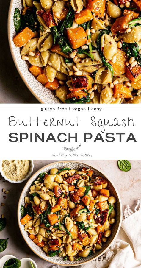 Nfl Snacks, Fall Pasta Recipes, Fall Dinner Menu, Butternut Squash Recipes Pasta, Squash Pasta Recipe, Butternut Squash Spinach, Pasta Healthy, Vegan Pasta Dish, Butternut Squash Pasta