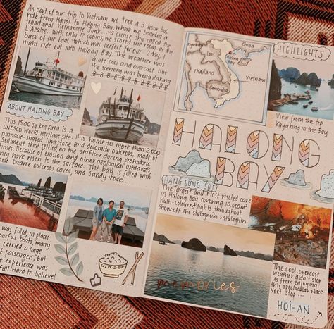 Vietnam Scrapbook, Travelogue Ideas Layout, Travelogue Ideas, Travel Journal Prompts, Friends Journal, Summer Diary, Scrapbook Pictures, Travel Journal Scrapbook, Journal Inspiration Writing