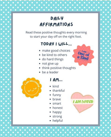 Godly Affirmations For Kids, Affirmations For Kids Before School, Bedtime Affirmations For Kids, Affirmations For Preschoolers, Paraprofessional Tips, Christian Affirmations For Kids, Toddler Affirmations, Morning Affirmations For Kids, Child Affirmations