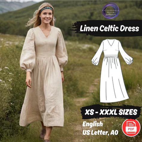 PatternsMod - Etsy Linen Clothes Sewing Patterns, Celtic Dress Pattern, Bishop Sleeve Dress Pattern, Fall Dress Patterns, Womens Dress Sewing Pattern, Tea Dress Pattern, Maxi Dress Sewing Pattern, Maxi Dress Sewing, Linen Summer Outfits