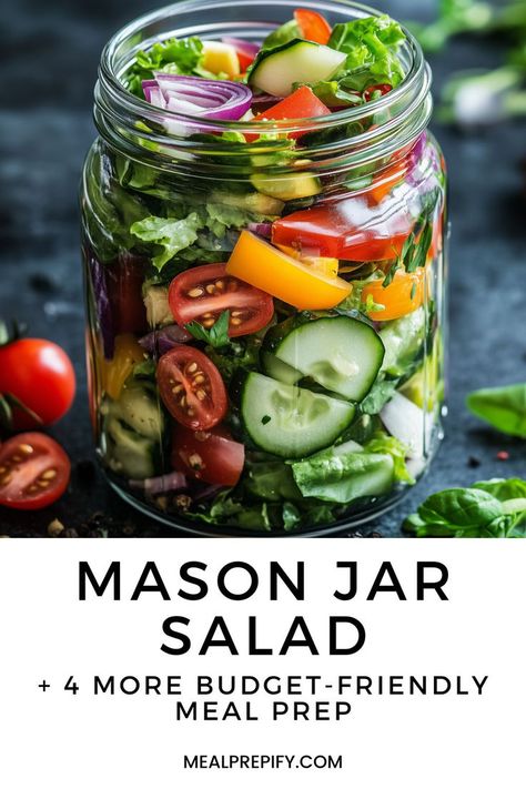 A jar filled with vibrant ingredients showcasing a Budget-Friendly Meal Prep for College Students mason jar salad. Meal Prep Party Ideas, How To Meal Prep Salads For The Week, Vegetarian Mason Jar Meals, Work Week Meal Prep, Glass Meal Prep Recipes, Food Prep Salads, Food Recipes For College Students, Mason Jar Meals Make Ahead, Mason Jar Salads For A Week