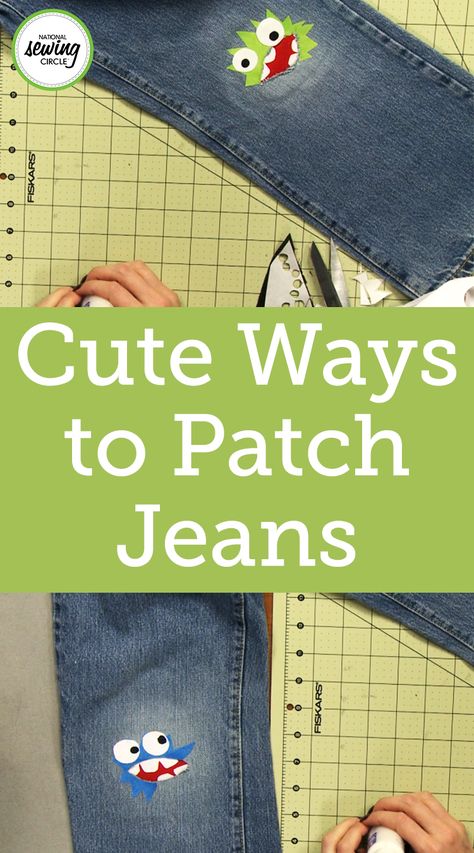 Sewing A Patch On Jeans, Sewing Patches On Jeans, Knee Patches For Jeans Women, Jeans Knee Patch, Add Patch The Kids Jeans, Patch Clothes, Quilt Tools, Monster Faces, Stitch Crafts