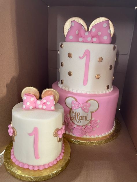 Minnie Mouse themed 1st birthday 1st Birthday Cake Minnie Mouse, First Birthday Cake Minnie Mouse, Minnie Mouse Smash Cake, Pink Cake Minnie Mouse, Minnie Mouse First Birthday Cake Pink, 1st Birthday Cake Designs, Butter Cream Mini Mouse Cake, Minnie Mouse First Birthday, Minnie Mouse 1st Birthday