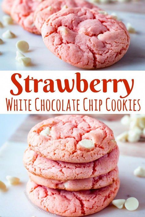 White Chocolate Strawberry Cake Mix Cookies are so pretty, delicious, and incredibly easy to make!  Strawberry Cookies with White Chocolate Chips are yummy Pink Cookies for Valentine’s Day! #food #cookies #yummy #cookies #valentinesday #howtomakechocolatestrawberry White Chocolate Strawberry Cake, Strawberry White Chocolate Chip Cookies, Cookies With White Chocolate Chips, Strawberry Cake Mix Cookies, Strawberry White Chocolate, Cookies With White Chocolate, Valentines Recipes Desserts, Oatmeal Cranberry Cookies, White Chocolate Strawberries