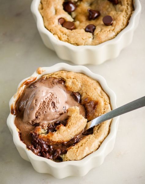 Chocolate Chip Cookie Pots For Two Cookie In Ramekin, Dinner In Ramekins, Mini Dutch Oven Desserts, Desserts Made In Ramekins, Ramican Dessert Recipes, Baking In Ramekins, Single Serve Ramekin Desserts, Ramekin Chocolate Chip Cookie, Ramekin Cookie Recipe