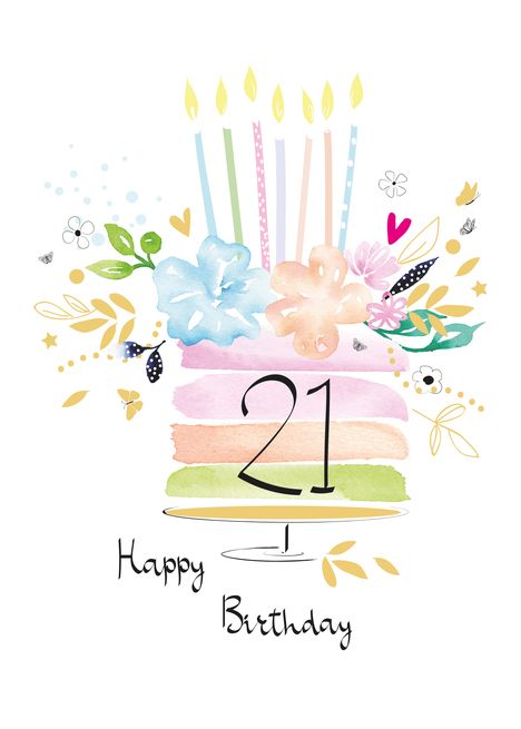 Birthday Cake Watercolor, Flower Cake Watercolor, 21st Birthday Card, Birthday Cake Painting Art, Birthday Cake Watercolor Card, Watercolour 21st Birthday Card, Birthday Cake Watercolor Illustration, Happy Birthday Painting, 16th Birthday Card