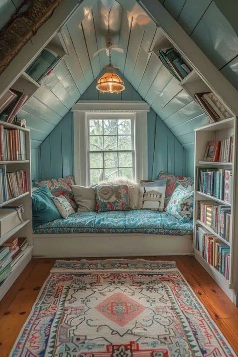 Reading Shed Ideas, Attic Book Nook, Cozy Reading Nook Ideas, Apartment Library, Whimsical Library, Attic Reading Nook, Low Ceiling Attic Bedroom, Book Nook Ideas, Cozy Nook Ideas