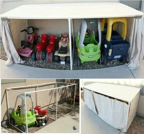 Kids Car Garage, Diy Outdoor Toys, Kids Garage, Outdoor Toy Storage, Toy Car Storage, Toy Garage, Outdoor Toys For Kids, Diy Projects For Kids, Kid Toy Storage