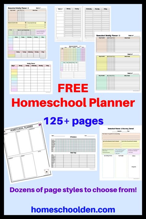 Free 125+page Homeschool Planner with dozens of page styles to choose from.  This free homeschooling planner has daily and weekly planning pages, checklists, and more!   #FreeHomeschoolPlanner #HomeschoolOrganization #HomeschoolCurriculum Homeschool Planning Pages, Homeschool Daily Planner, Free Homeschool Planner, Homeschooling Planner, Kindergarten Homeschool Schedule, Homeschool Schedule Printable, Curriculum Planner, Teaching Planner, Homeschool Binder