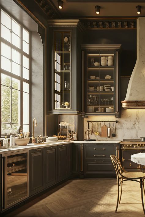 21 French-Style Kitchen Ideas for Your Home - Remodr French Provincial Kitchen Island, Country French Kitchen Cabinets, Old World Modern Kitchen, Georgian House Kitchen, French Tudor Interior Design, Moody Vintage Kitchen, Modern French Country Interior, English Countryside Kitchen, Moody French Country