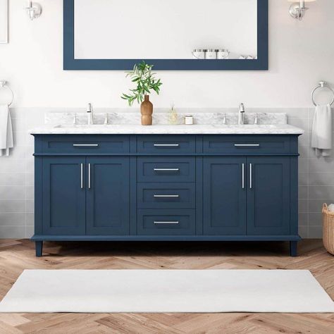 Upscale some stable good touch to your living space with Home Decorators Collection Sonoma Bath Vanity in White with Carrara Marble Top with White Sinks. Blue Bath Vanity, Home Depot Vanity, Sleek Bathroom, Blue Vanity, Carrara Marble Countertop, Ideal Bathrooms, Blue Bath, Bathroom Redesign, Double Sink Vanity