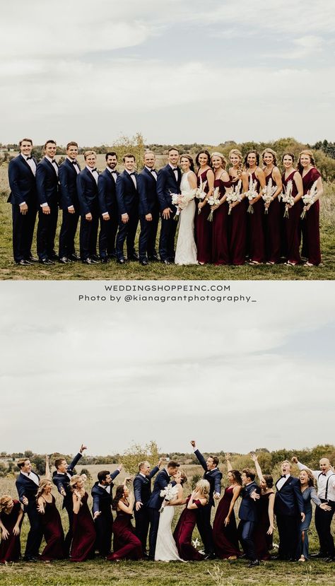 Red and navy is such a classic and timeless combination. Check out this wedding party the pulled off this color scheme with Kennedy Blue bridesmaid dresses in the color Bordeaux. Burgundy And Navy Bridal Party, Color Scheme Wedding, Navy Bridal Parties, Navy And Burgundy Wedding, Navy Wedding Colors, Wedding Color Scheme, Wedding Colors Red, Red Color Schemes, Blue Ivy