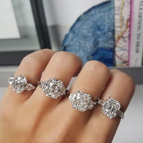 IG: @sld_jewels Large 3 Stone Engagement Rings, Three Stone Engagement Rings Pear, Luxury Three Stone Octagon Ring, Emerald Cut With Baguettes, Three-stone Octagon Diamond Ring, Luxury Pear-shaped Three Stone Rings, Trapezoid Side Stones, Luxury Vintage Three-stone Diamond Ring, Pear Shapes