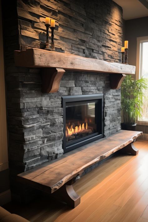 Decor For Stone Fireplace, Rock And Wood Fireplace, Rustic House Fireplace, Moody Fireplace Wall, Fireplace Makeover Stone, Wood Fireplace Ideas, Rock Fireplace Ideas, Stone And Shiplap Fireplace, Modern Rustic Fireplace