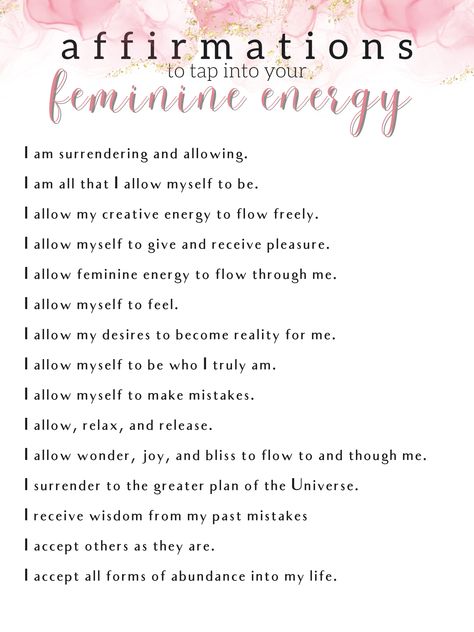 Embrace Your Feminine Energy, Inner Energy, Inner Goddess Affirmations, Crystal For Feminine Energy, Feminine Manifestation, Feminine Energy Prompts, Becoming Your Own Muse, Daily Affirmations For Self Love And Confidence, Women Manifestation