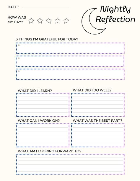 This nightly gratitude reflection stands out for its personalized approach, allowing you to tailor your reflections to your unique experiences and needs. Its thoughtfully designed structure guides you through a meaningful reflection process, enhancing your focus on positive aspects of your day. Bujo Reflection Page, Nightly Gratitude, Wellness Reset, Emotion Journal, Reflection Worksheet, Gratitude Reflection, Brain Dumping, Evening Reflection, Group Counseling Activities