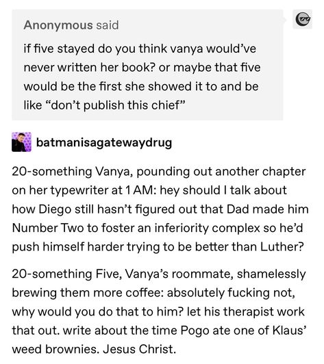 Klaus Hargreeves Headcanons, Tua Headcanons, Five Hargreeves Headcanons, Umbrella Academy Headcanon, Vanya And Five, Umbrella Academy Tumblr, The Umbrella Academy Five, Umbrella Academy Five, Funny Umbrella