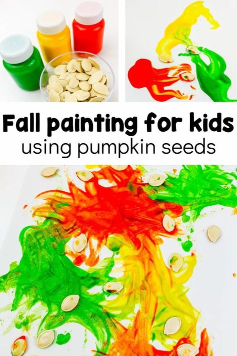 Use pumpkin seeds for fun process art with your preschool this fall! This is a fun project around Halloween, or even afterwards with leftover pumpkin seeds. It's a great autumn art activity that toddlers would love, too! Pumpkin Seed Art Preschool, Pumpkin Preschool Process Art, Reggio Emilia Pumpkin Activities, Halloween Process Art For Preschoolers, Pumpkin Fizzy Art, Pumpkin Seed Crafts Preschool, Fall Art Projects For Prek, Pumpkin Process Art, Turkey Process Art